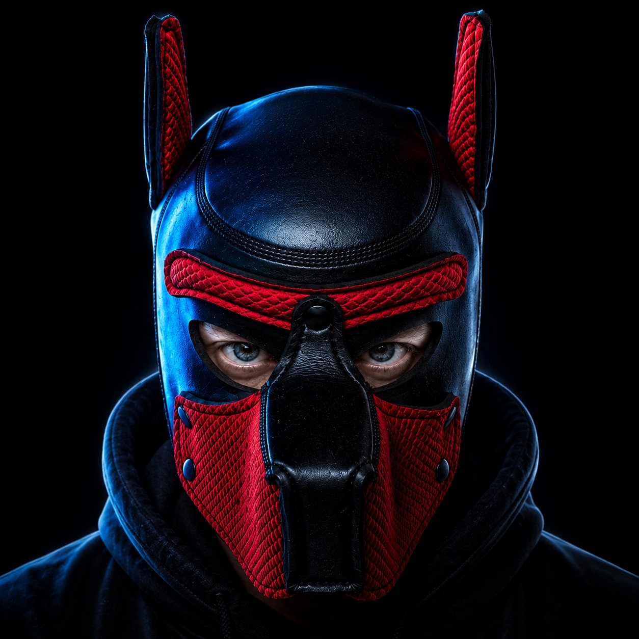 Close portrait of Verberate wearing the black and red mask.